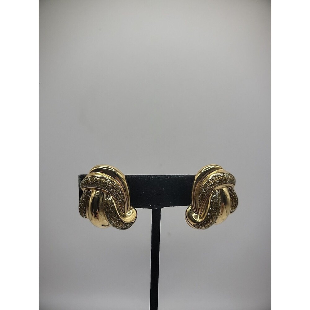 Vintage Earrings Clip On Gold Tone Glitter Scalloped Jewelry Costume